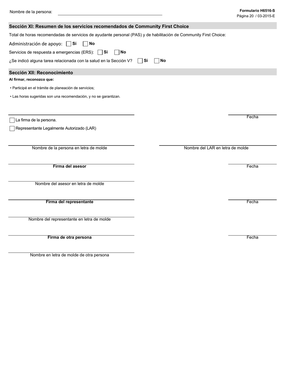 Formulario H6516-S Valoracion De Community First Choice - Texas (Spanish), Page 20