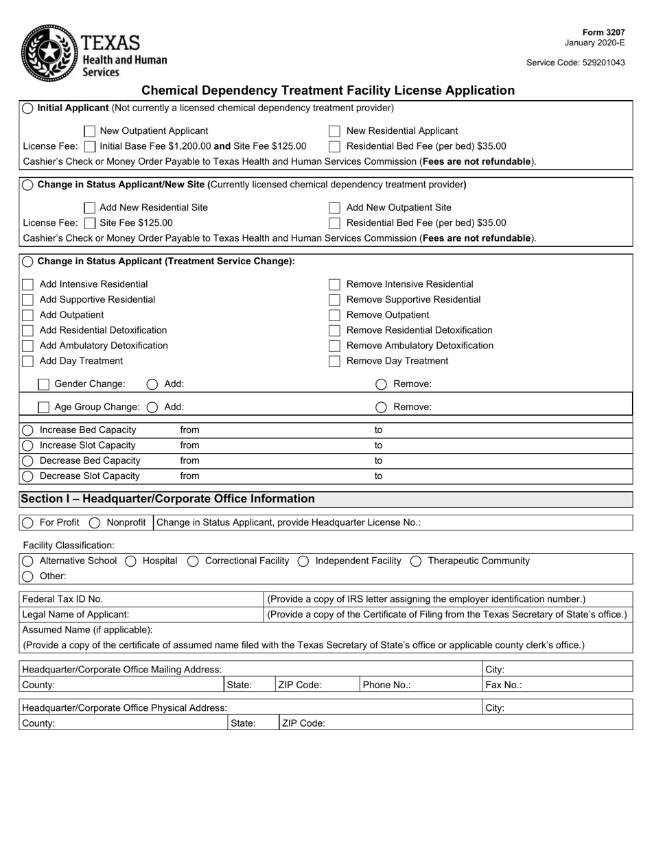 Form 3207 Chemical Dependency Treatment Facility Licensure Application - Texas, Page 1