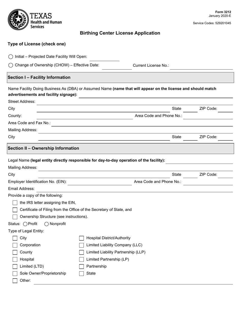 Form 3212 Birthing Center License Application - Texas, Page 1