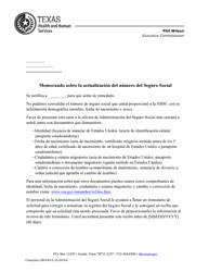 Document preview: Formulario HRG-83-S Memorando Sobre La Actualizacion Del Numero Del Seguro Social - Texas (Spanish)