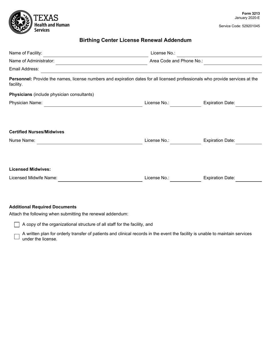 Form 3213 Birthing Center License Renewal Addendum - Texas, Page 1