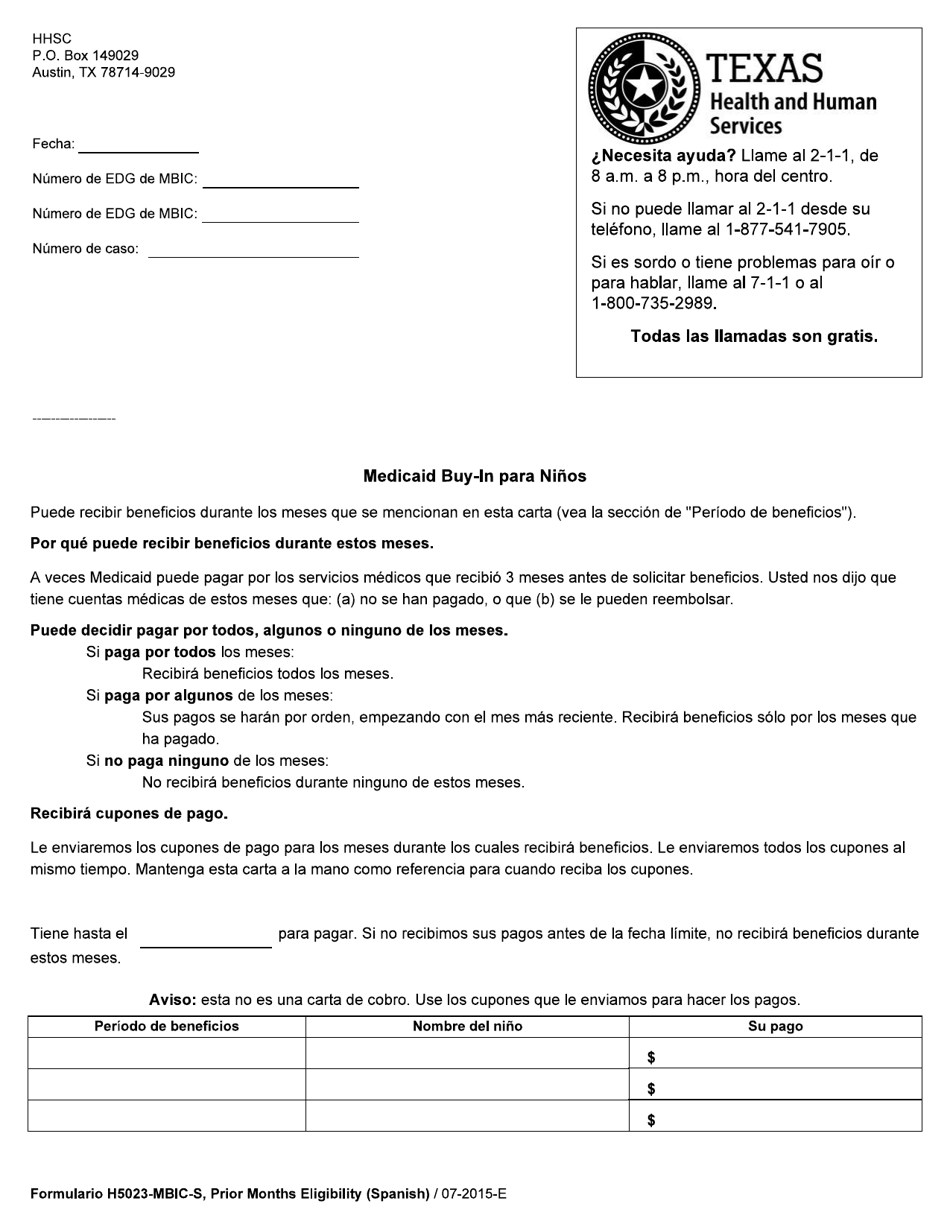 Formulario H-5023-MBIC-S Prior Months Eligibility (Medicaid Buy-In for Children) - Texas (Spanish), Page 1