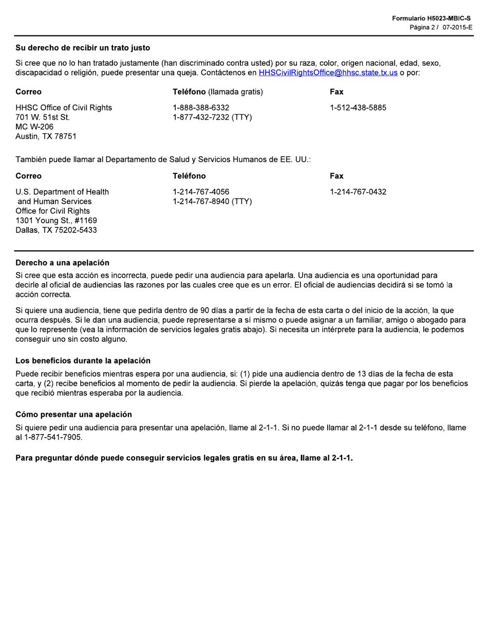 Formulario H-5023-MBIC-S Prior Months Eligibility (Medicaid Buy-In for Children) - Texas (Spanish), Page 2