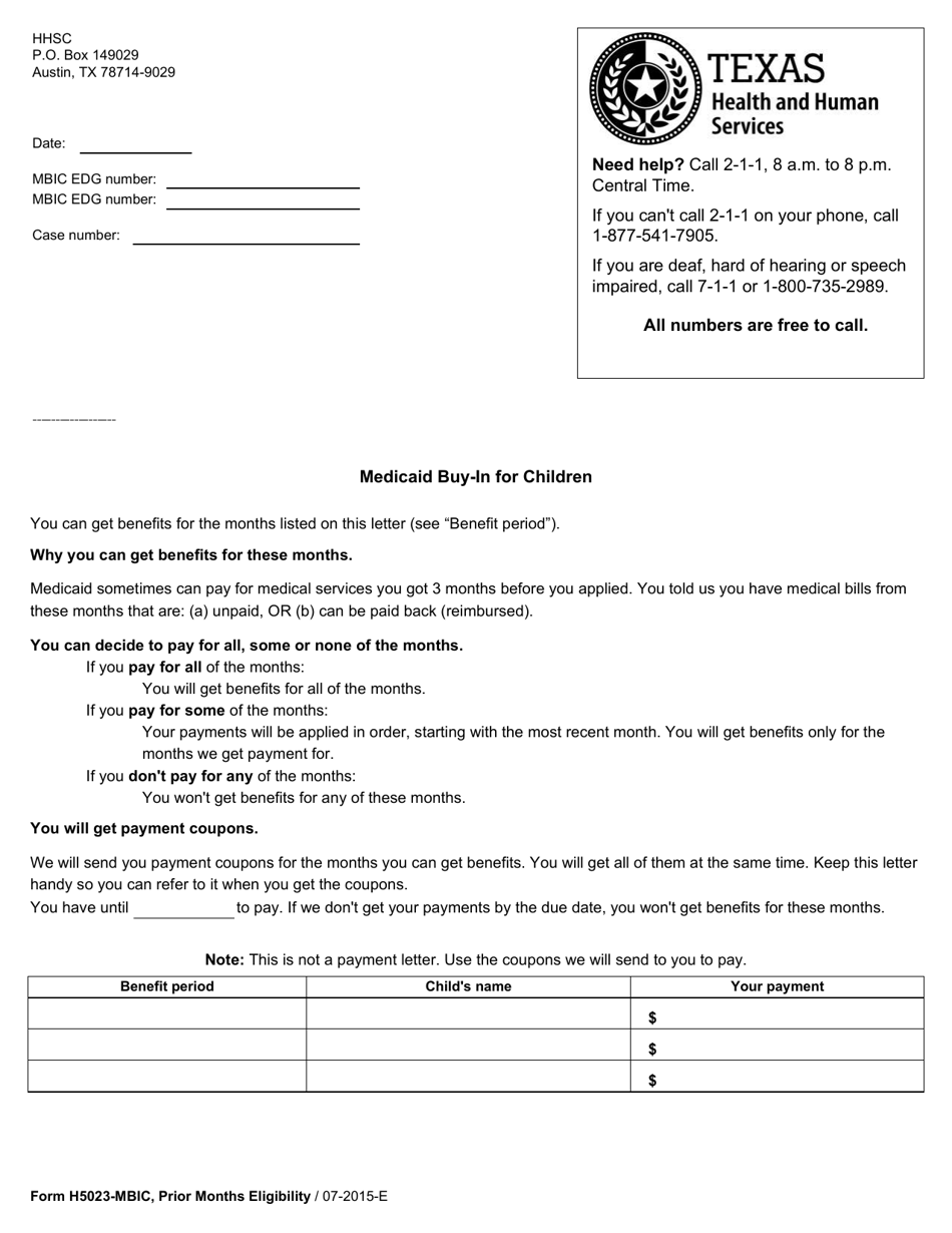 Form H5023-MBIC Medicaid Buy-In for Children - Texas, Page 1