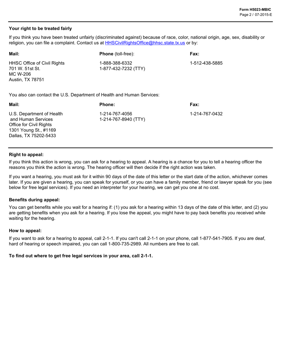 Form H5023-MBIC Medicaid Buy-In for Children - Texas, Page 2