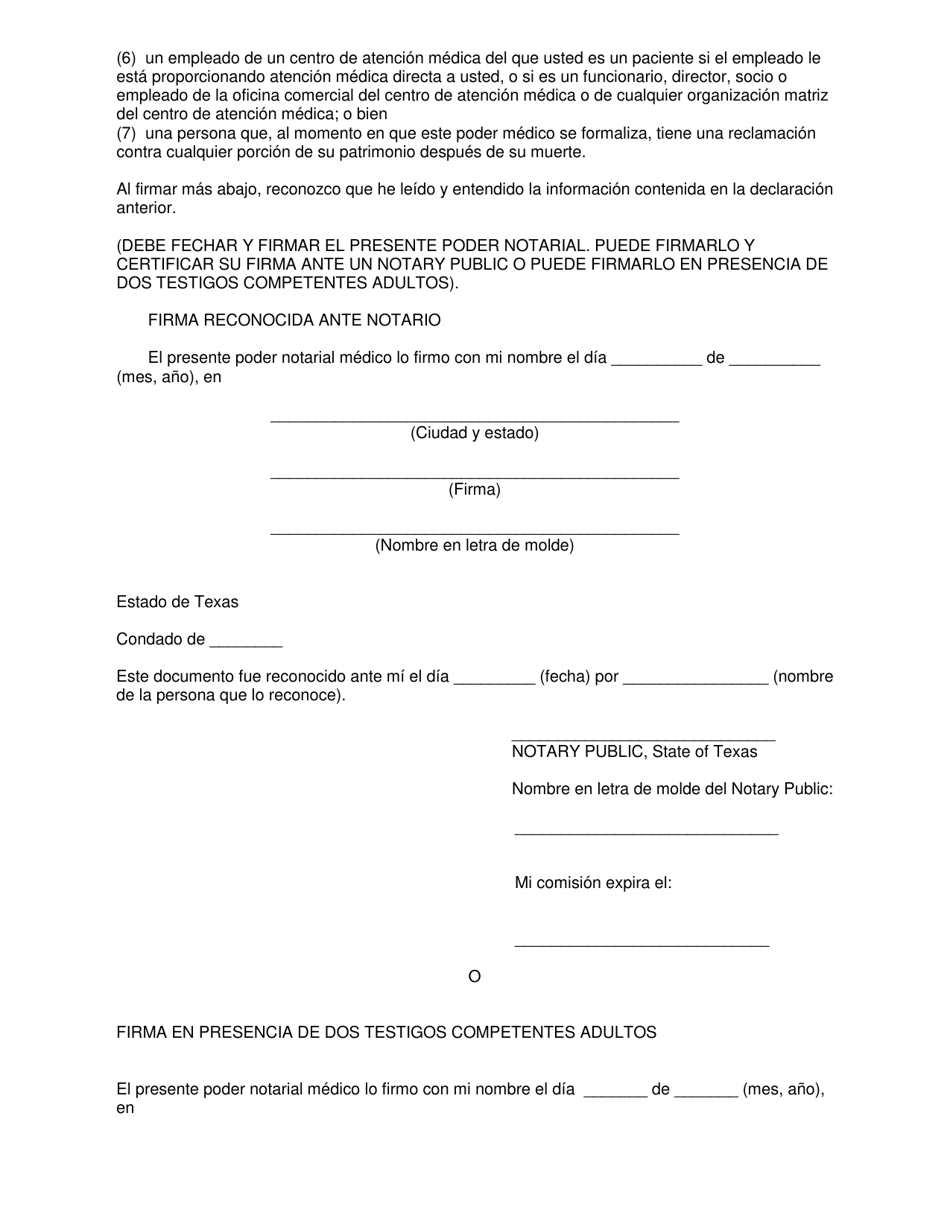 Poder Notarial Medico Designacion De Un Apoderado Para Asuntos Medicos - Texas (Spanish), Page 4