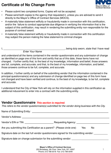 Certificate of No Change Form - New York City Download Pdf