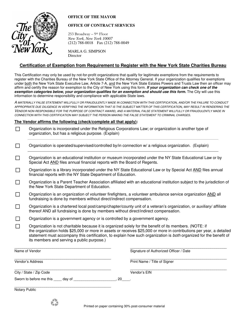 Certification of Exemption From Requirement to Register With the New York State Charities Bureau - New York City, Page 1