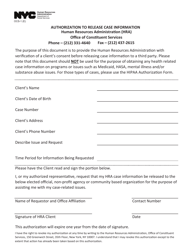 Document preview: Form OCS-1 Authorization to Release Case Information - New York City