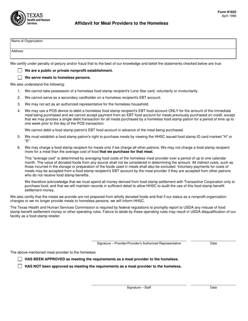 Form H1832 Affidavit for Meal Providers to the Homeless - Texas