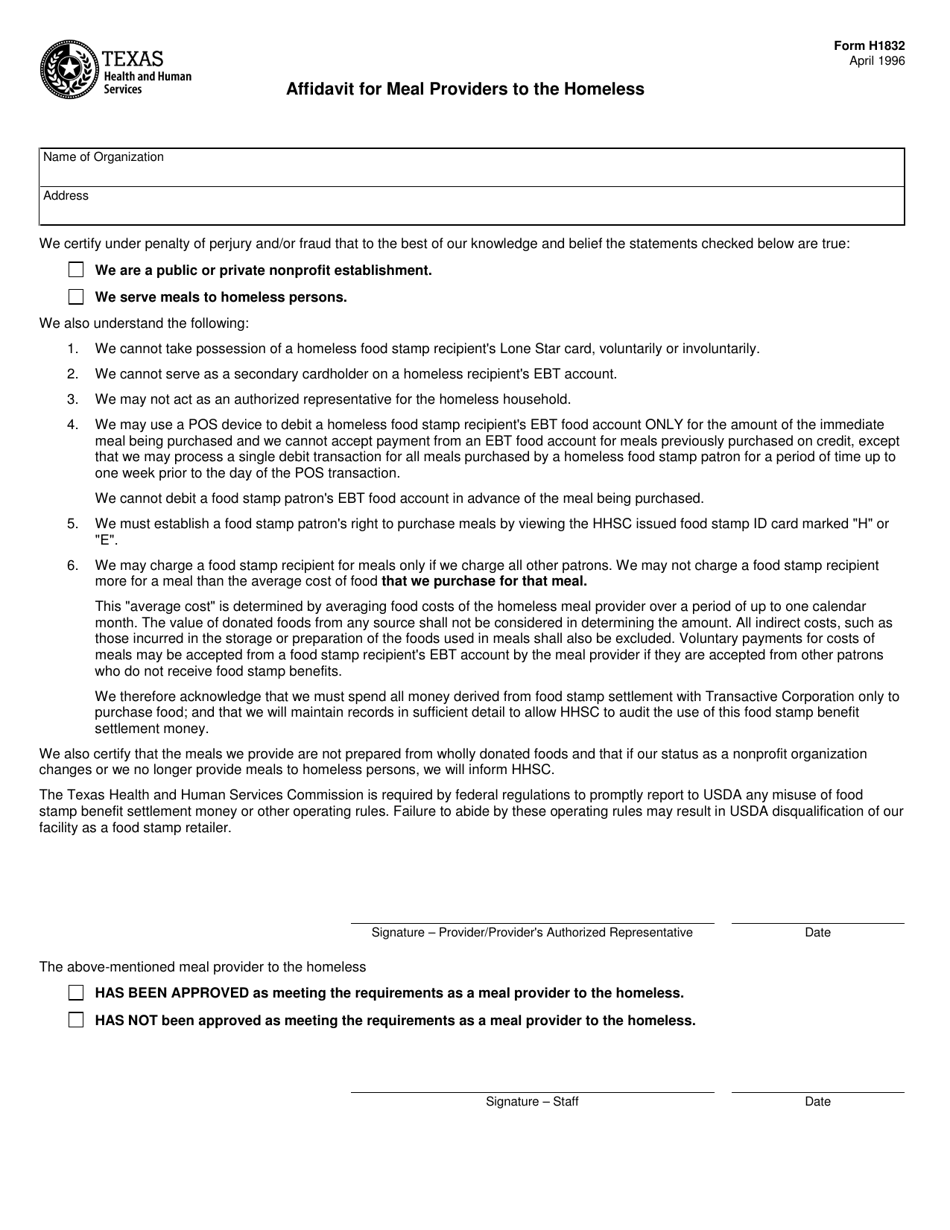 Form H1832 Affidavit for Meal Providers to the Homeless - Texas, Page 1