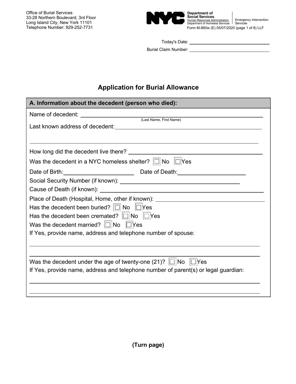 Form M-860W Application for Burial Allowance - New York City, Page 1