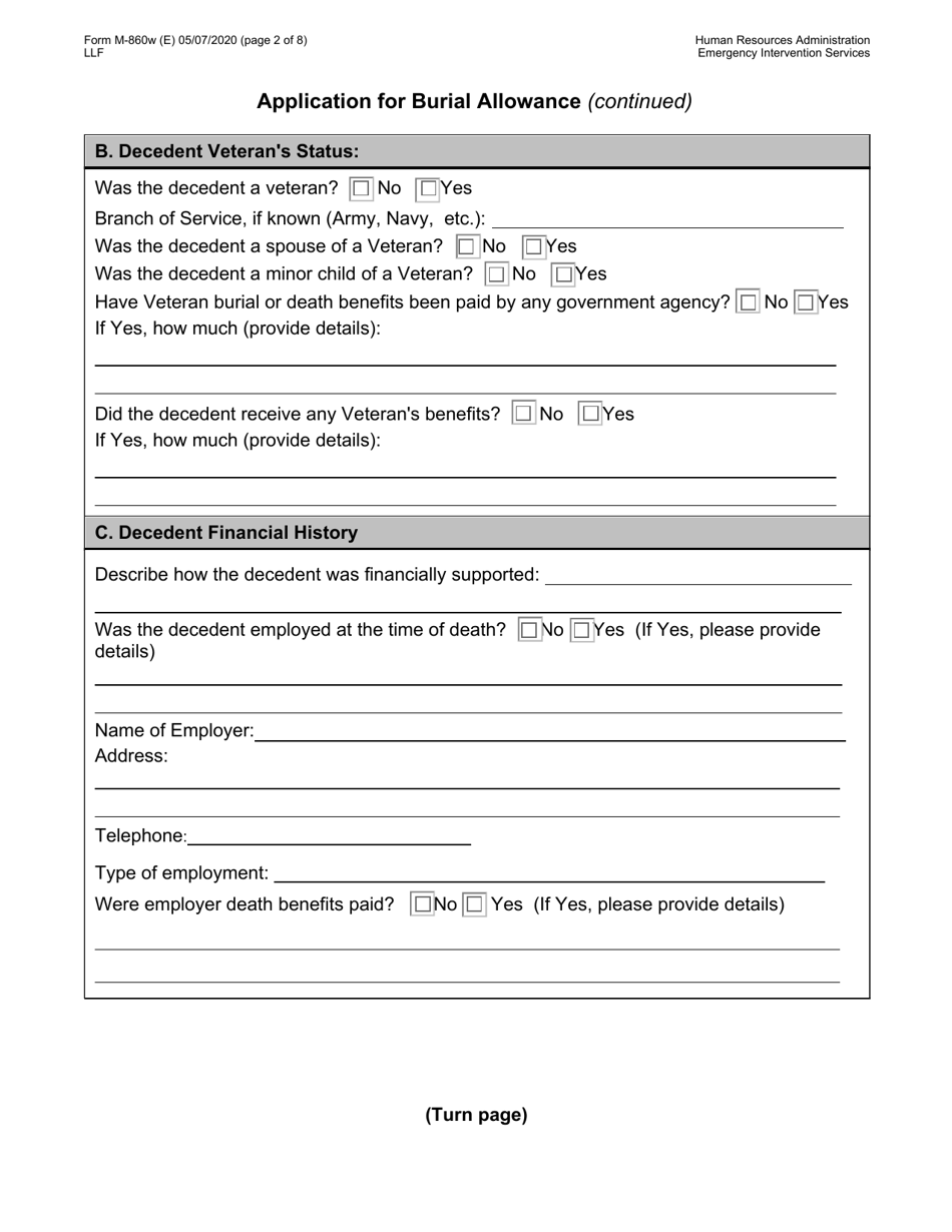 Form M-860W Application for Burial Allowance - New York City, Page 2