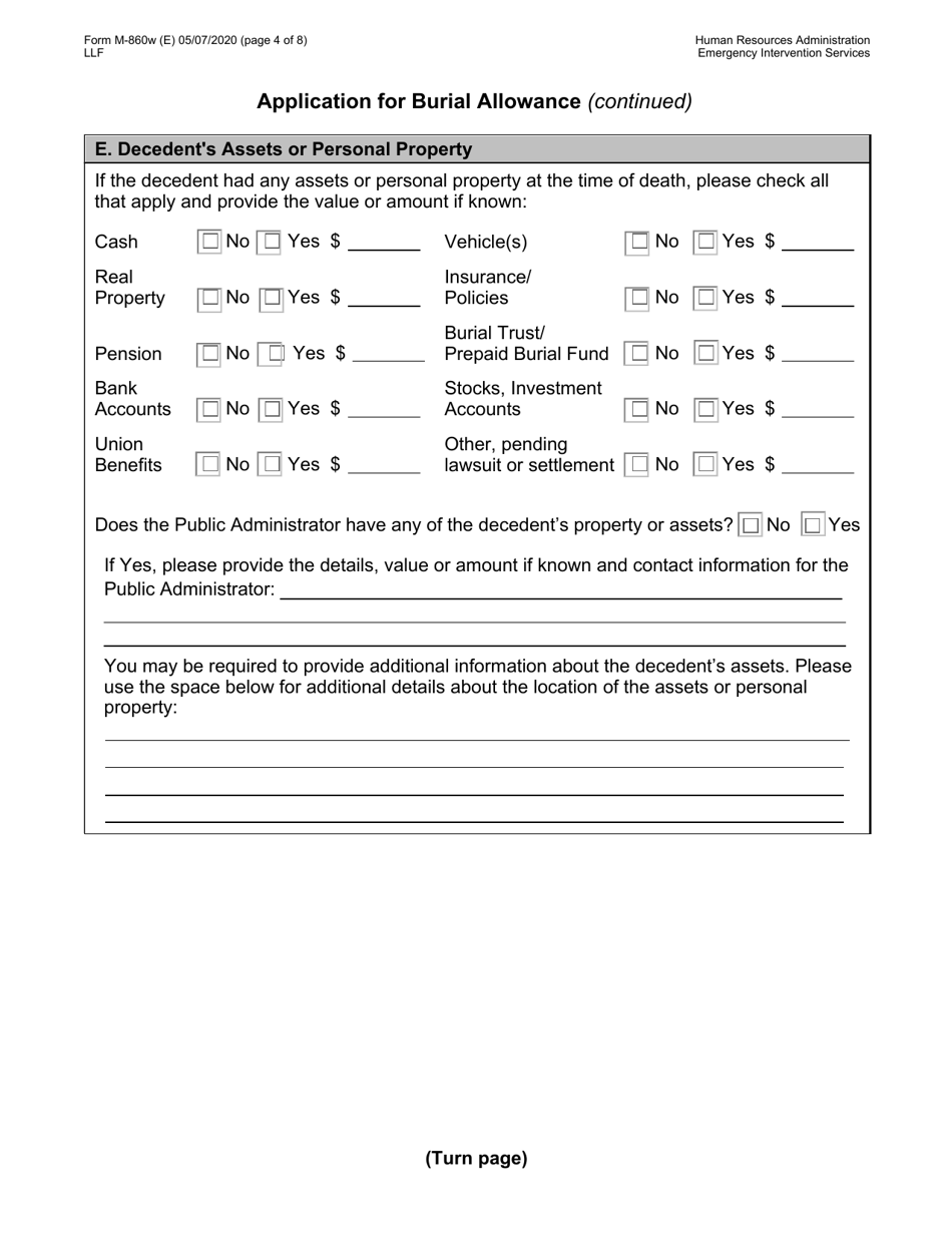 Form M-860W Application for Burial Allowance - New York City, Page 4