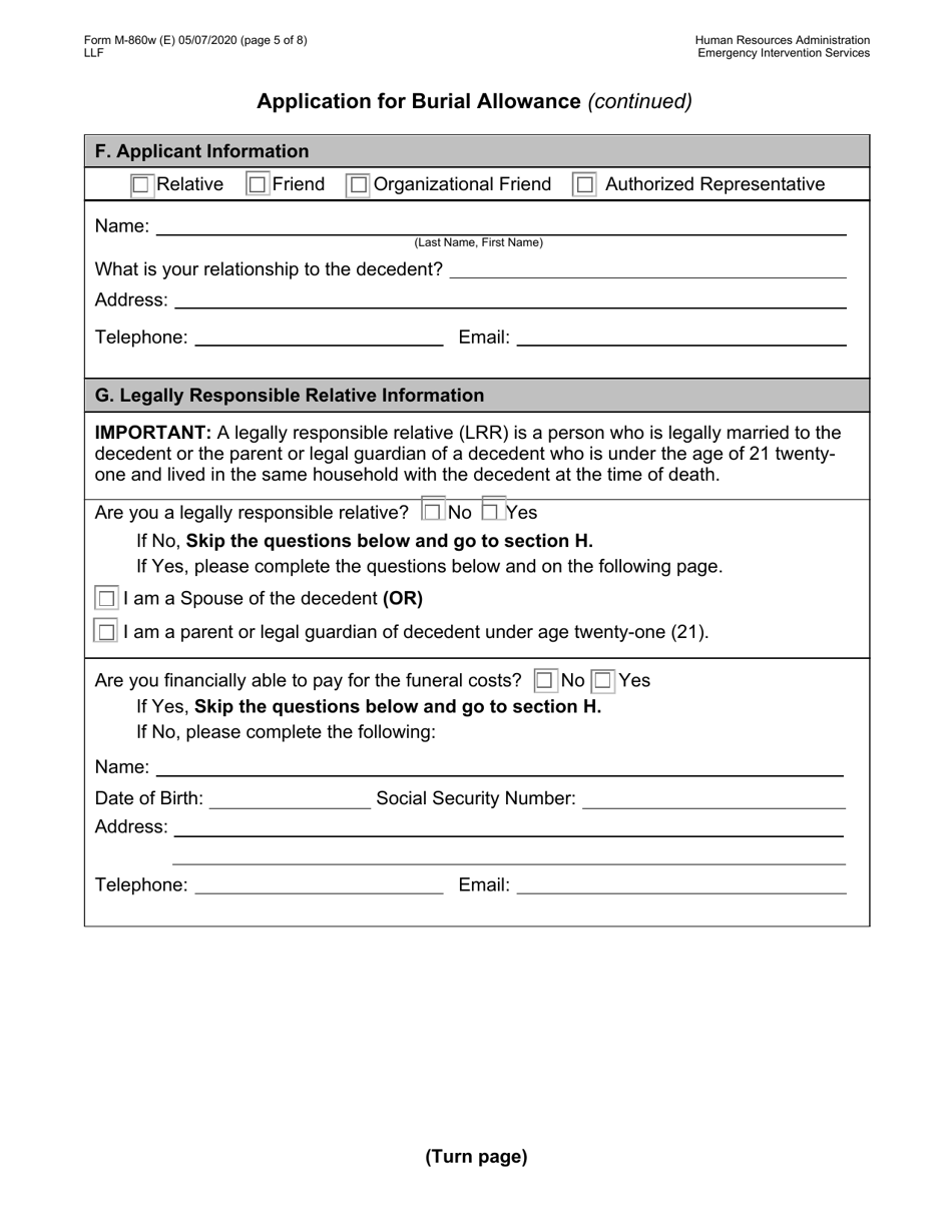 Form M-860W Application for Burial Allowance - New York City, Page 5