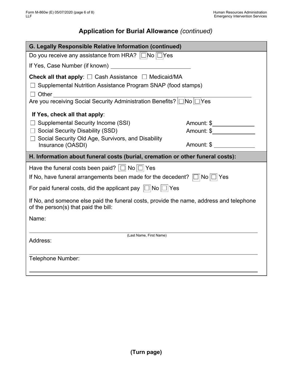 Form M-860W Application for Burial Allowance - New York City, Page 6
