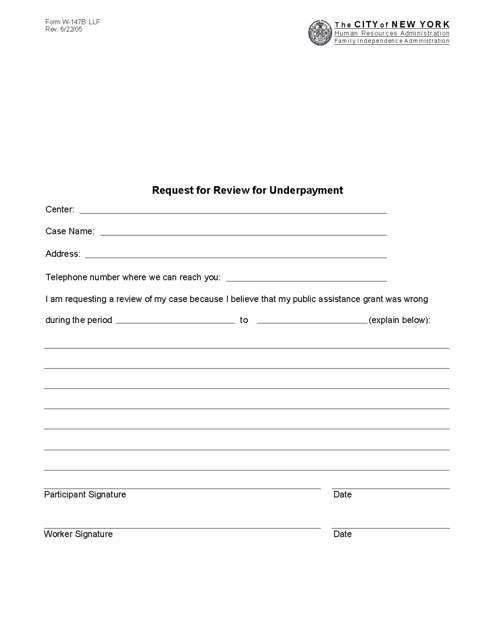 Form W-147B Request for Review for Underpayment - New York City