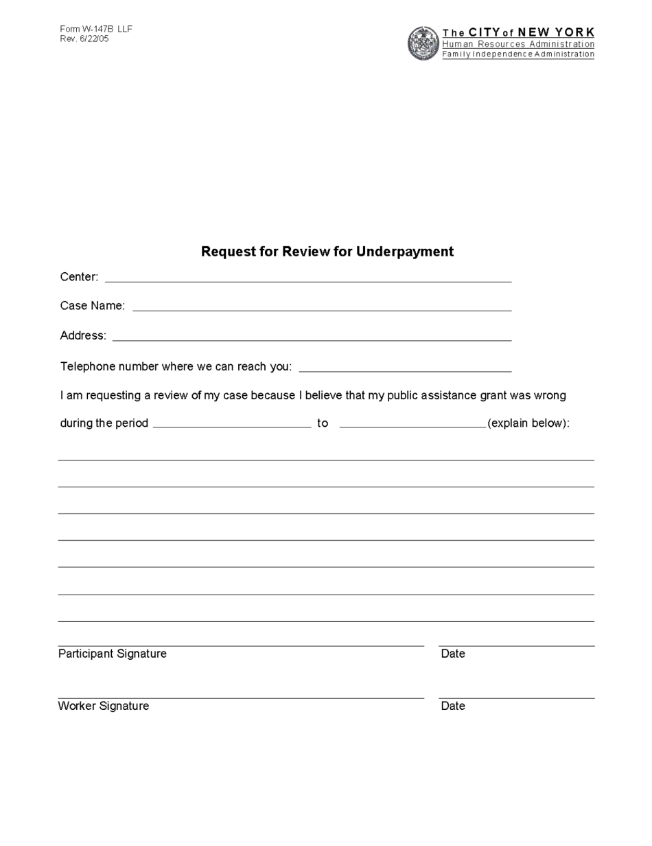 Form W-147B Request for Review for Underpayment - New York City, Page 1