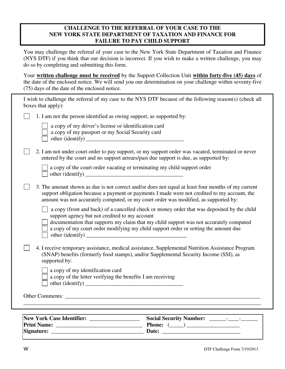 Challenge to the Referral of Your Case to the New York State Department of Taxation and Finance for Failure to Pay Child Support - New York, Page 1
