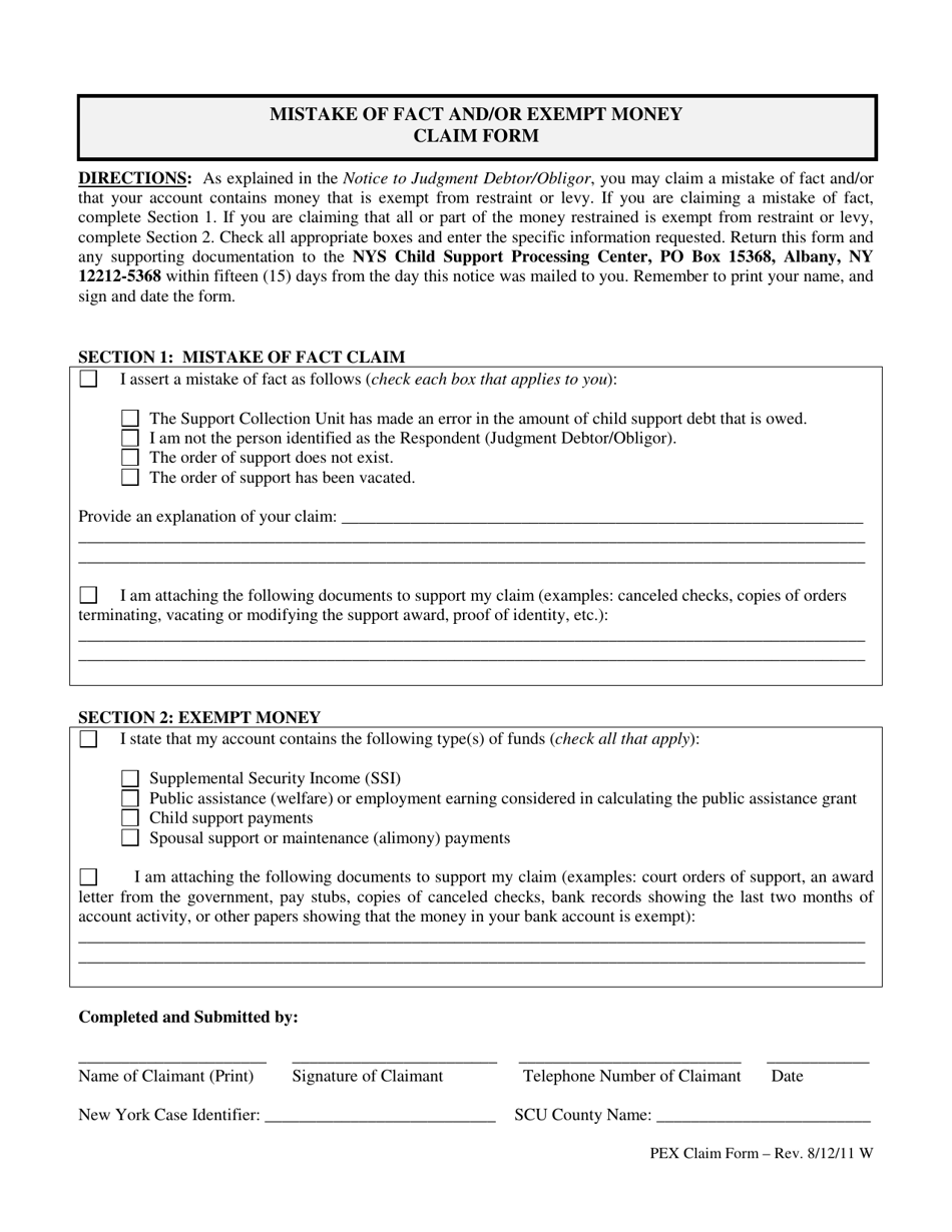 Mistake of Fact and / or Exempt Money Claim Form - New York, Page 1