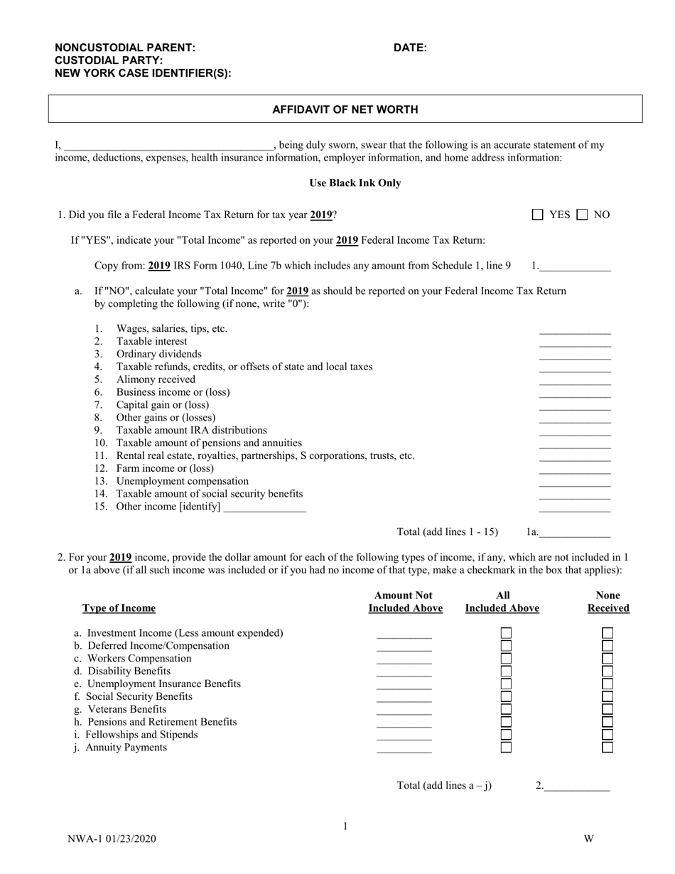 Form NWA-1 Affidavit of Net Worth - New York, Page 1