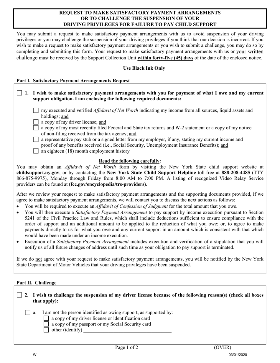 Request to Make Satisfactory Payment Arrangements or to Challenge the Suspension of Your Driving Privileges for Failure to Pay Child Support - New York, Page 1