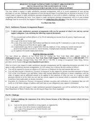 Document preview: Request to Make Satisfactory Payment Arrangements or to Challenge the Suspension of Your Driving Privileges for Failure to Pay Child Support - New York