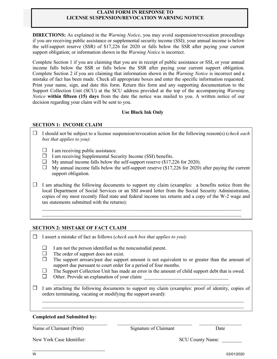 Claim Form in Response to License Suspension / Revocation Warning Notice - New York, Page 1