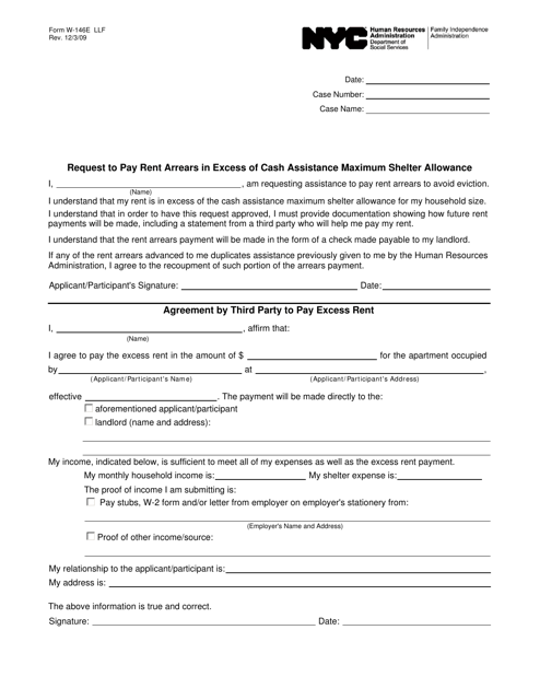 Form W-146 E Request to Pay Rent Arrears in Excess of Cash Assistance Maximum Shelter Allowance - New York City