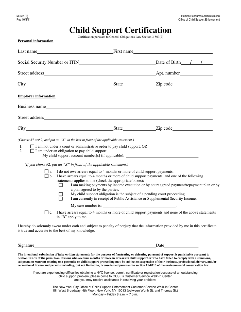 Form M-522 Child Support Certification - New York City, Page 1