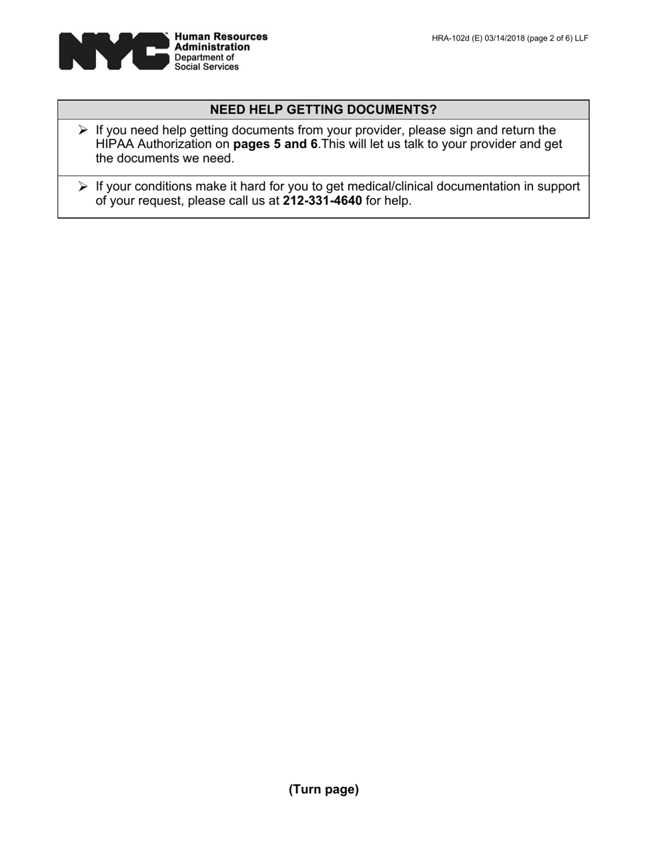 Form HRA-102D Request for Medical / Clinical Information - New York City, Page 2
