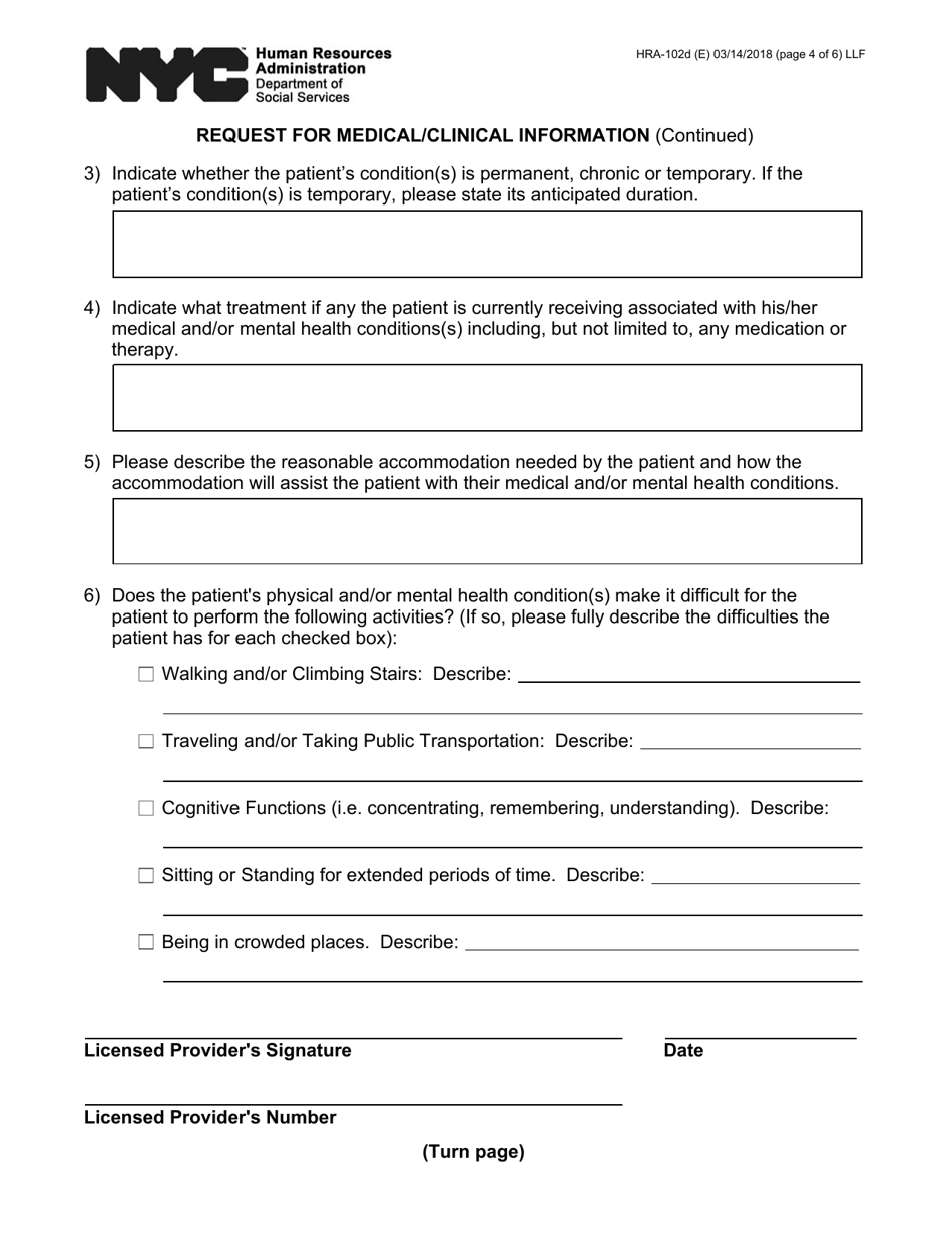 Form HRA-102D Request for Medical / Clinical Information - New York City, Page 4