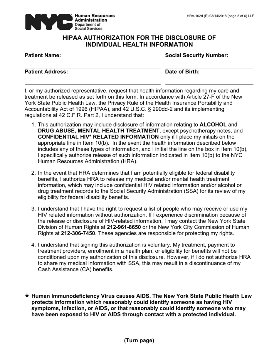 Form HRA-102D Request for Medical / Clinical Information - New York City, Page 5