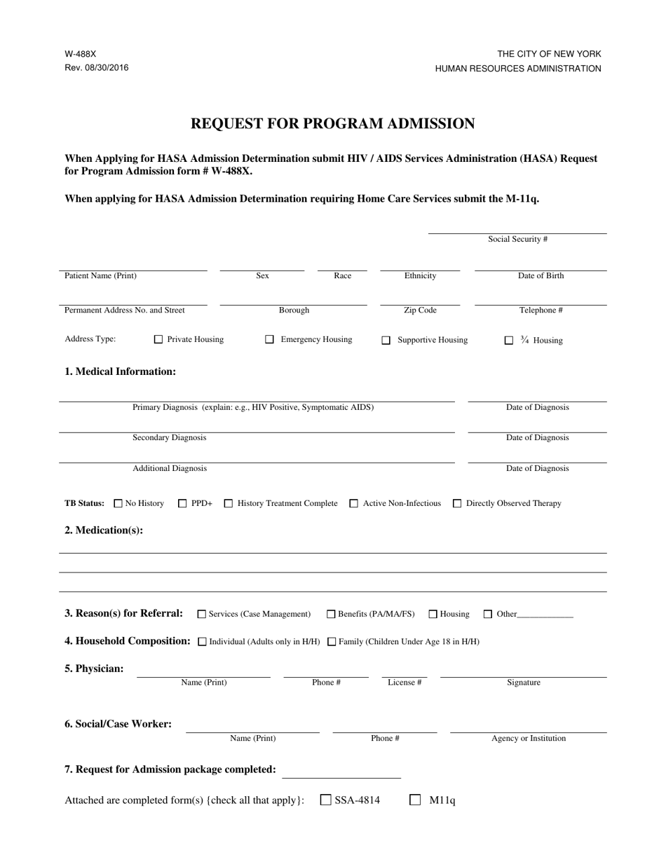 Form W-488X Request for Program Admission - New York City, Page 1