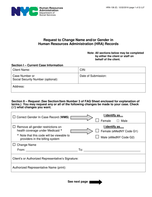 Form HRA-138 Request to Change Name and/or Gender in Human Resources Administration (HRA) Records - New York City