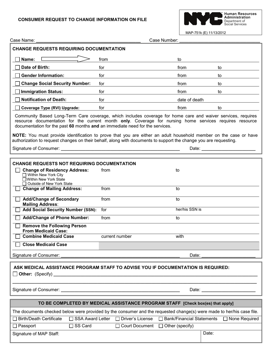 Form MAP-751K Consumer Request to Change Information on File - New York City, Page 1
