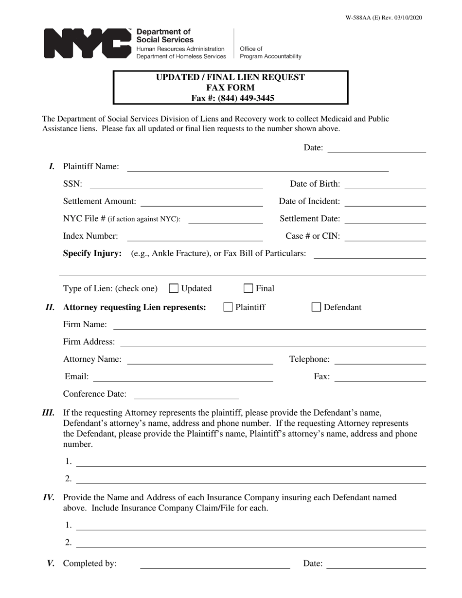 Form W-588AA Updated / Final Lien Request Fax Form - New York City, Page 1