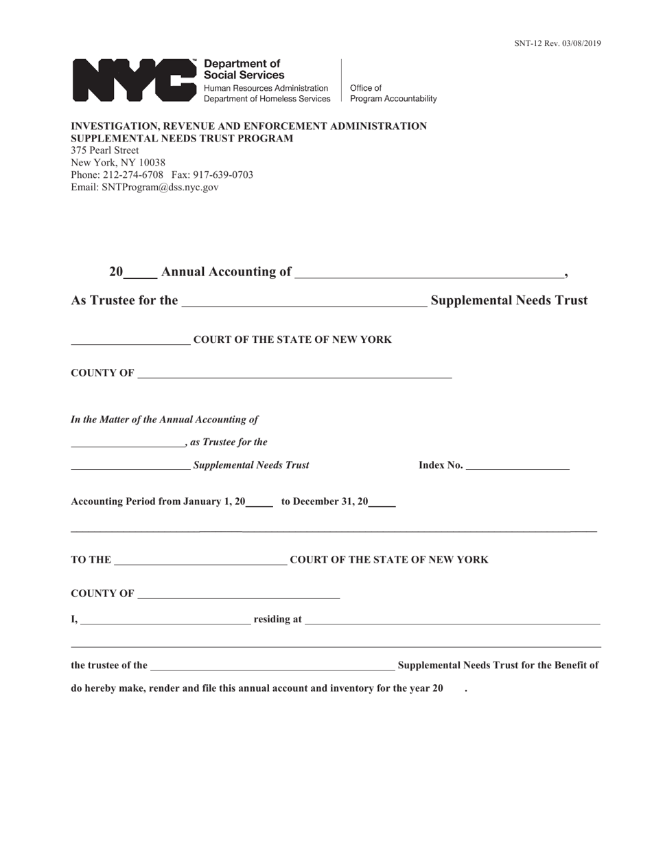 Form SNT-12 Supplemental Needs Trust Accounting - New York City, Page 1