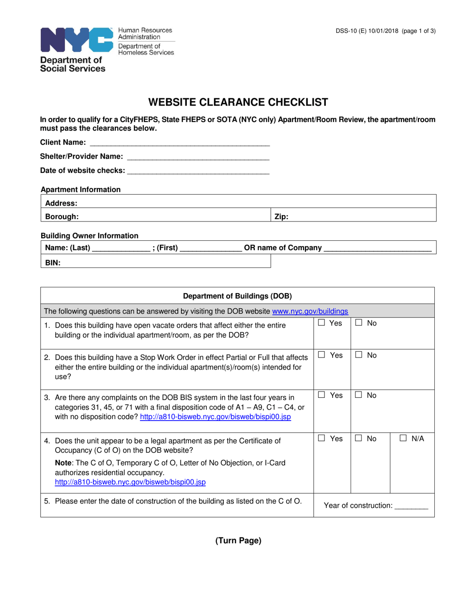 Form DSS-10 Website Clearance Checklist - New York City, Page 1