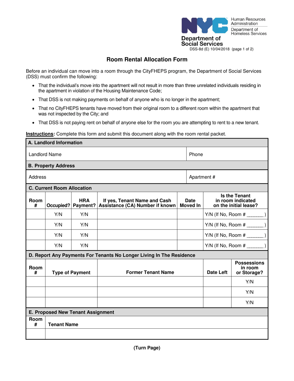 Form DSS-8D Room Rental Allocation Form - New York City, Page 1