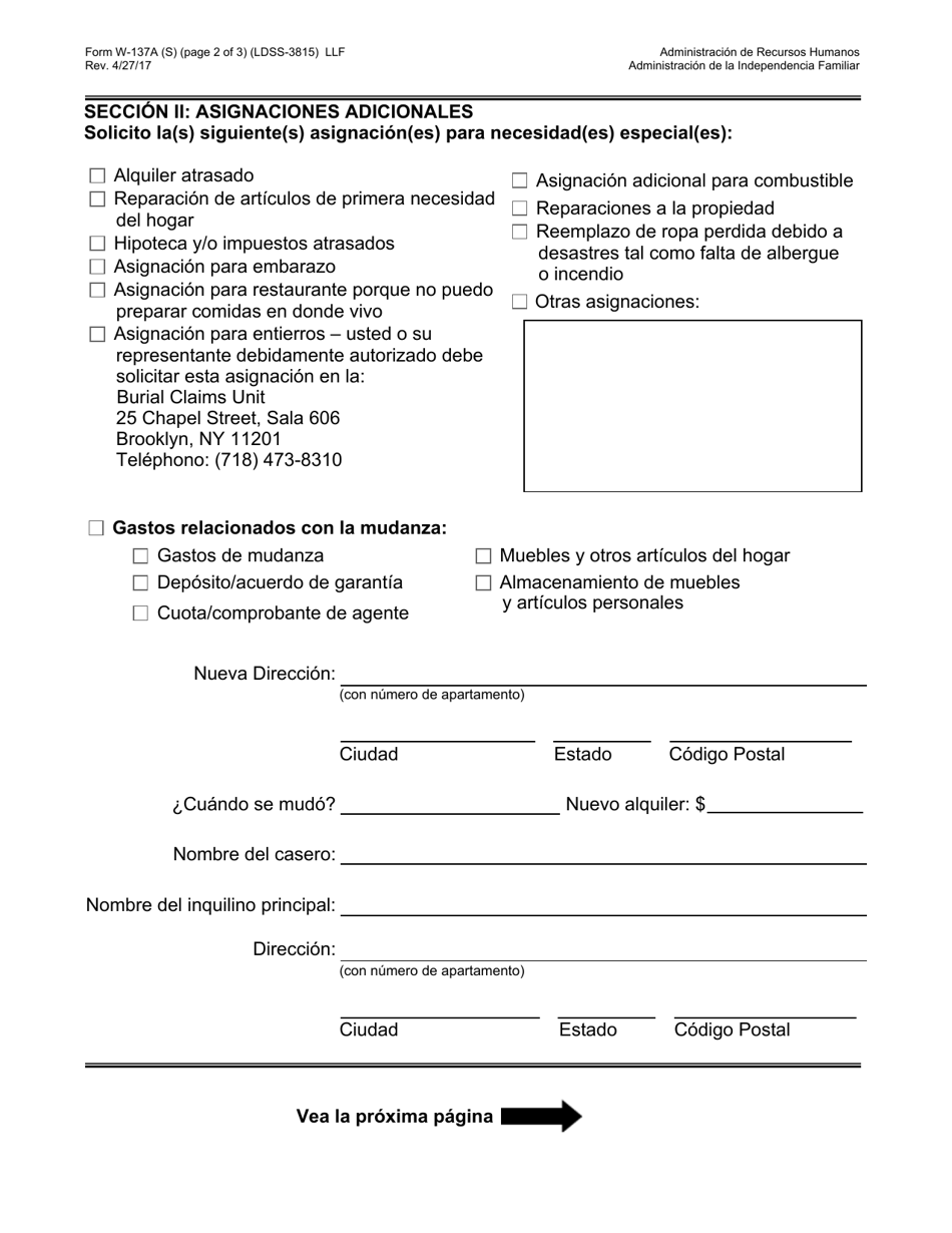 Formulario W-137A Peticion De Asistencia De Emergencia, Asignaciones Adicionales, O De Anadir a Una Persona Al Caso De Asistencia En Efectivo (Solo Para Participantes) - New York City (Spanish), Page 2