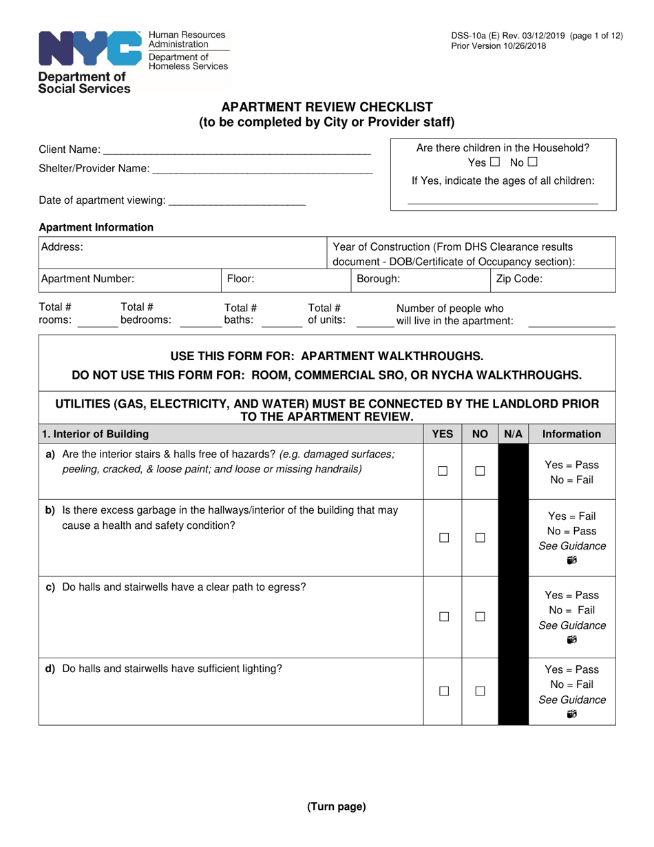 Form DSS-10A Apartment Review Checklist (To Be Completed by City or Provider Staff) - New York City, Page 1