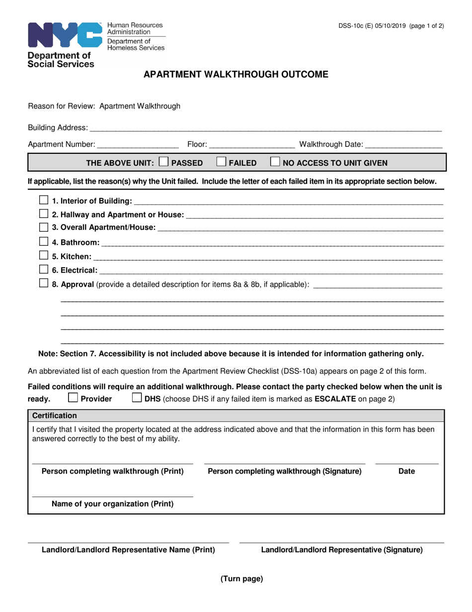 Form DSS-10C Apartment Walkthrough Outcome - New York City, Page 1