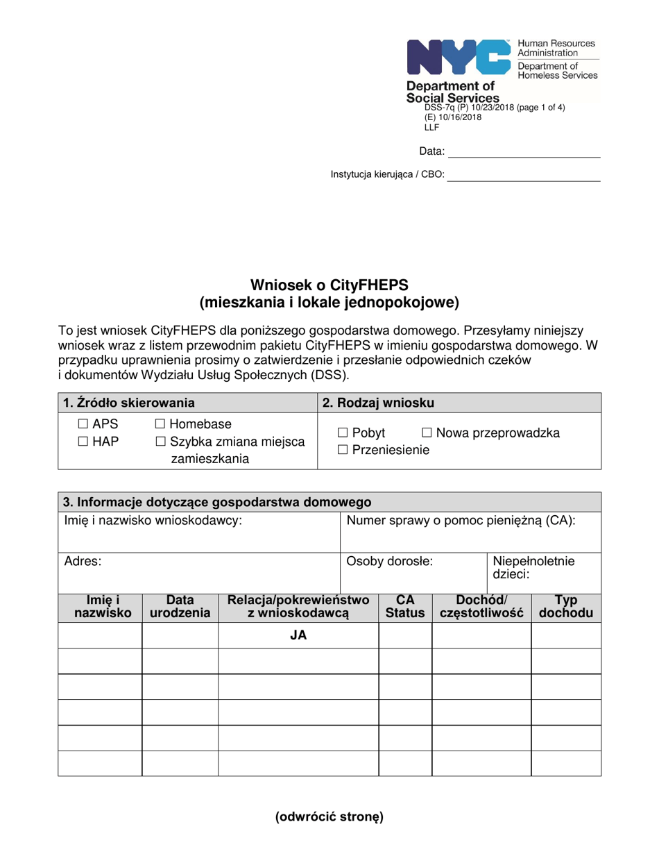 Form DSS-7Q Application for Cityfheps (Apartments and Single Room Occupancy Units) - New York City (Polish), Page 1
