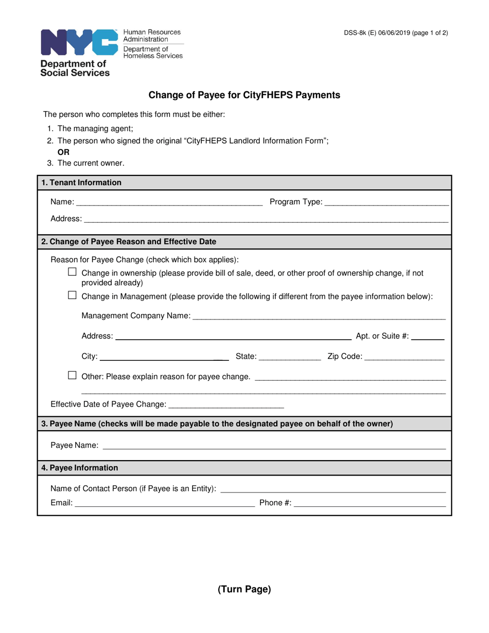 Form DSS-8K Change of Payee for Cityfheps Payments - New York City, Page 1
