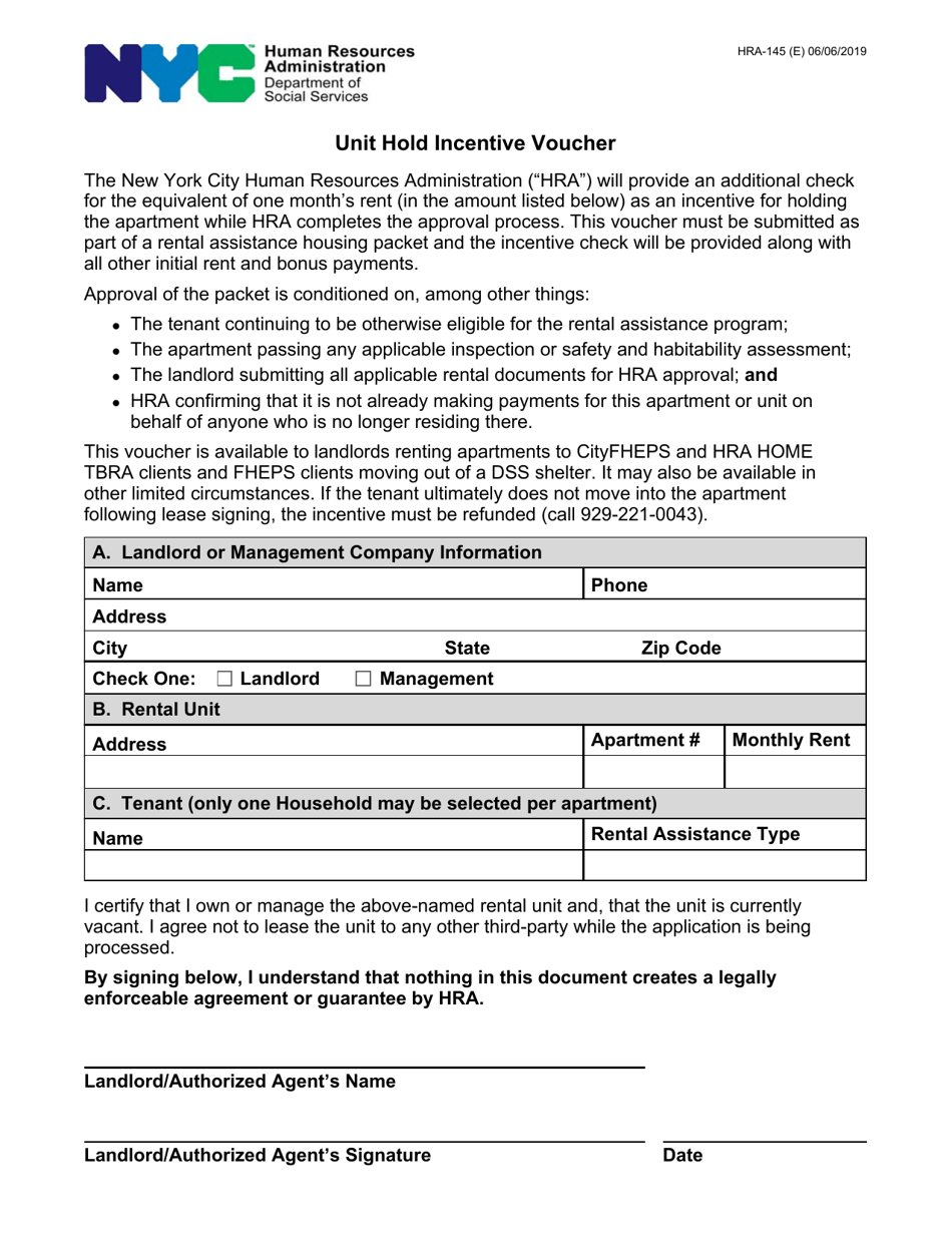 Form HRA-145 Unit Hold Incentive Voucher - New York City, Page 1