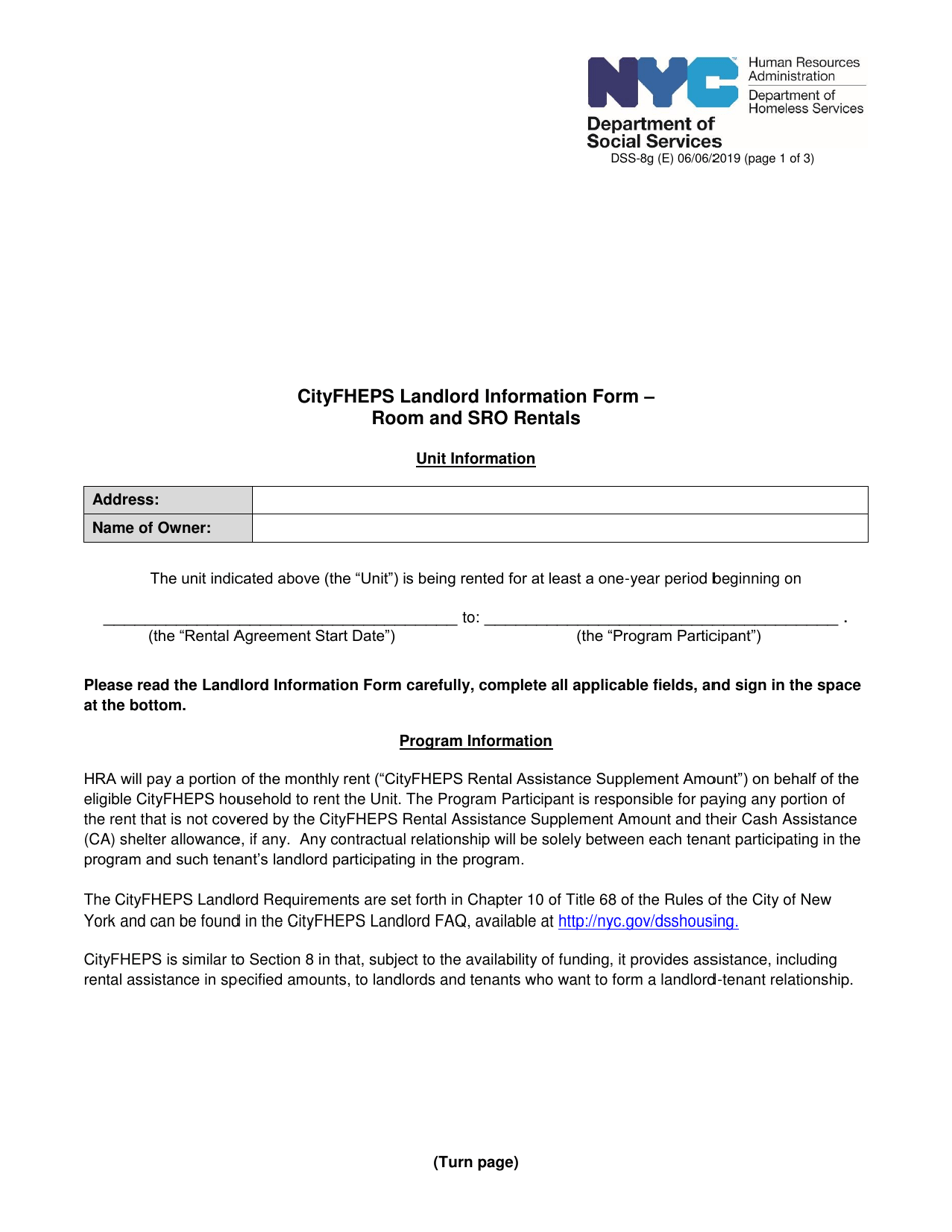 Form DSS-8G Cityfheps Landlord Information Form  Room and Sro Rentals - New York City, Page 1