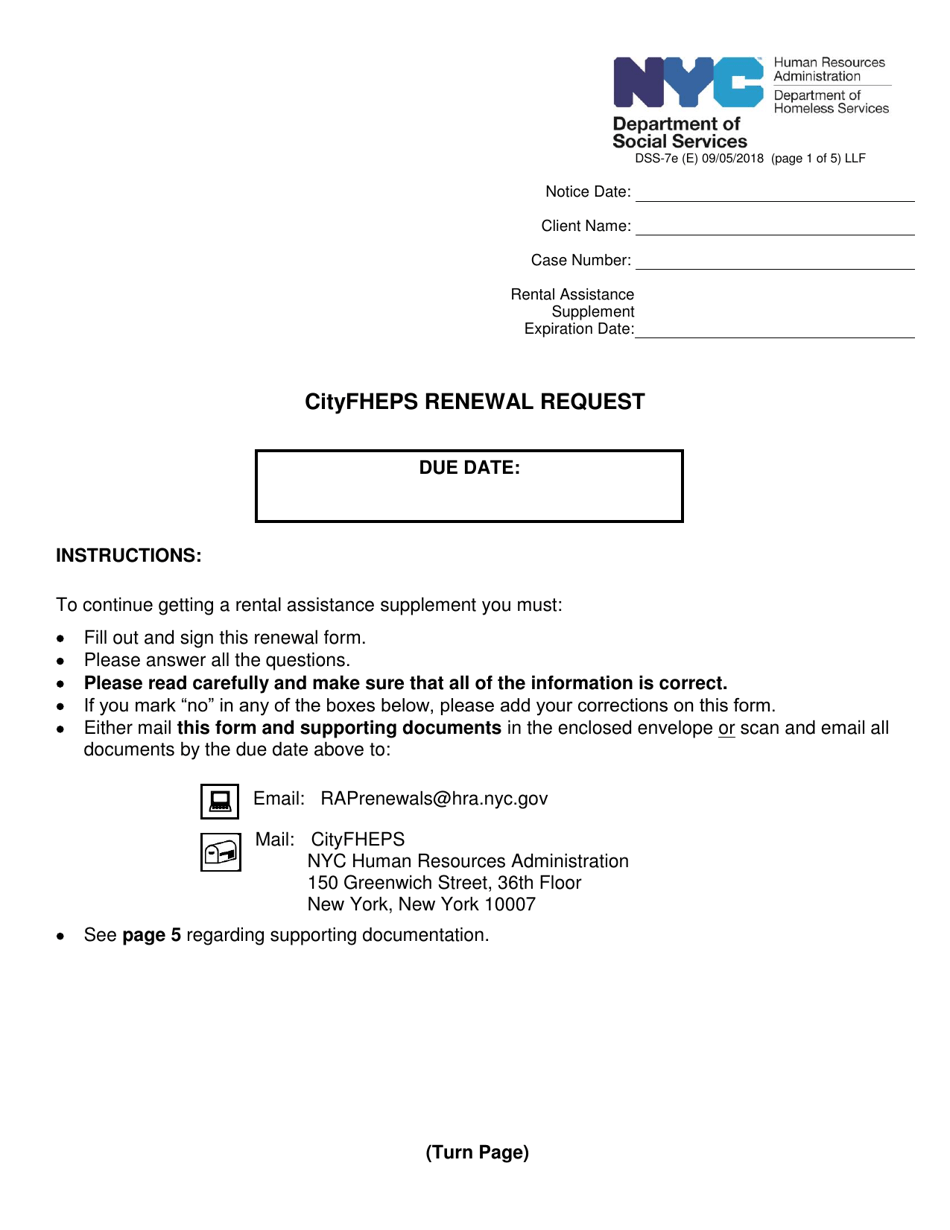 Form DSS-7E Cityfheps Renewal Request - New York City, Page 1