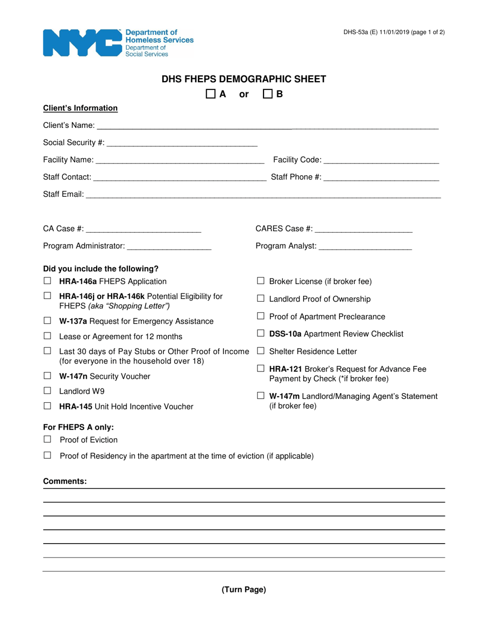 Form DHS-53A DHS Fheps Demographic Sheet - New York City, Page 1