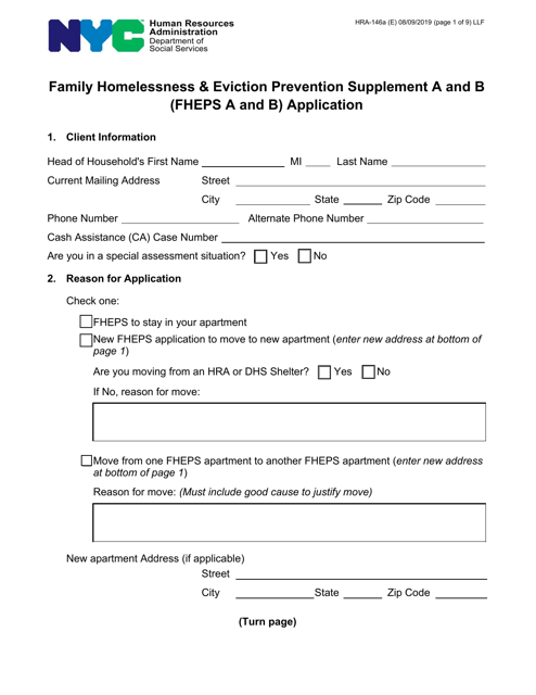Form HRA-146A Family Homelessness & Eviction Prevention Supplement a and B (Fheps a and B) Application - New York City